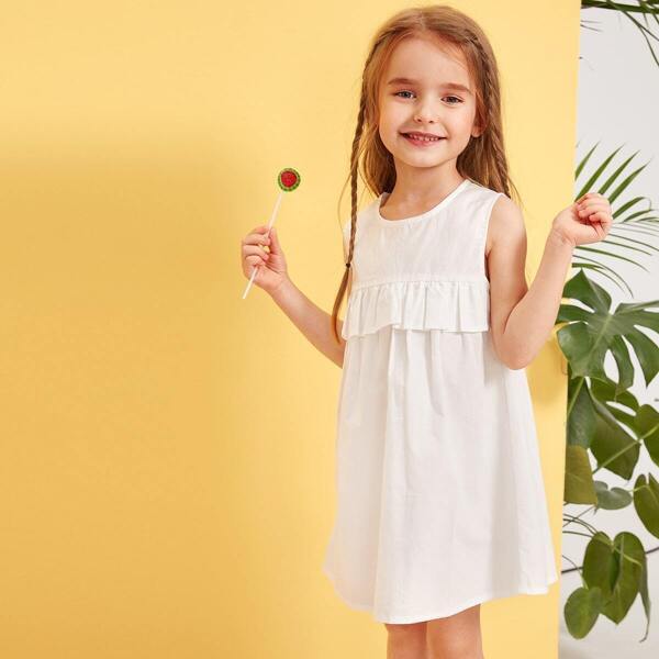 

Toddler Girls Zip Back Ruffle Trim Dress, White
