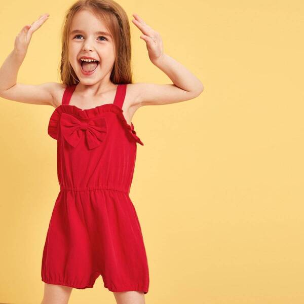 

Toddler Girls Frill Trim Bow Front Tank Romper, Red bright