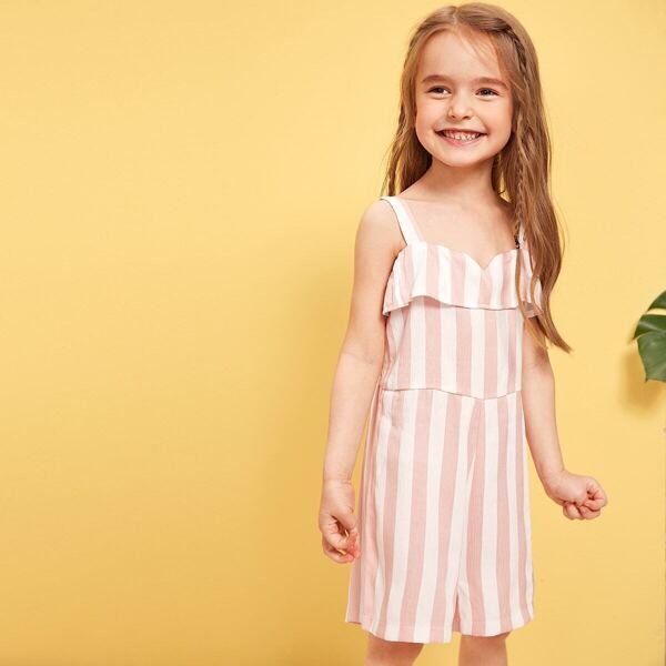 

Toddler Girls Striped Ruffle Trim Shirred Romper, Pink