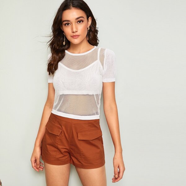 

Solid Fishnet Mesh Sheer Top