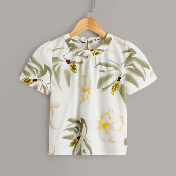 

Girls Botanical Print Keyhole Back Top
