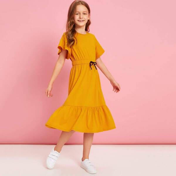

Girls Flutter Sleeve Drawstring Waist Ruffle Hem Dress, Yellow