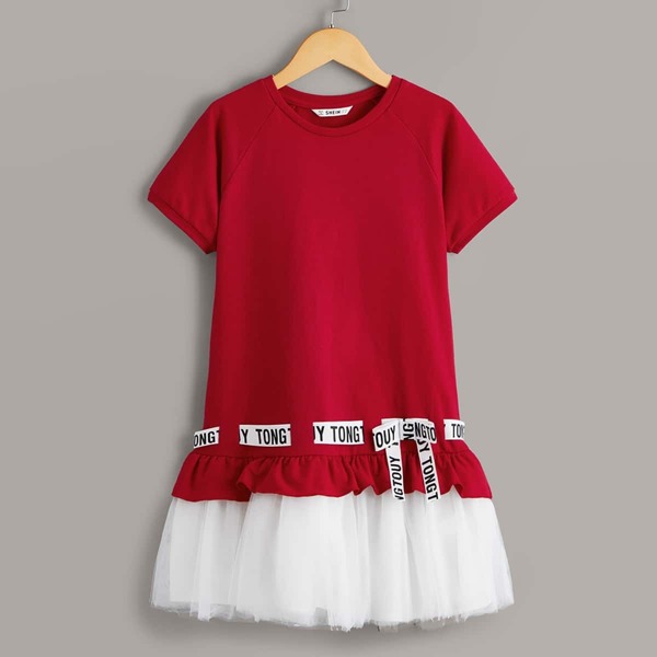 

Girls Letter Drawstring Ruffle Tutu Dress, Red