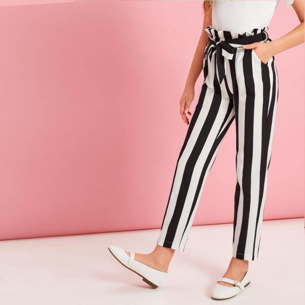 

Girls Paperbag Waist Striped Belted Pants, Black and white
