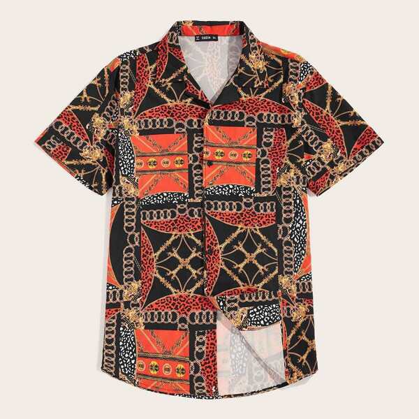 

Men Notch Collar Scarf Print Shirt