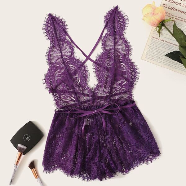 

Scalloped Trim Eyelash Lace Criss Cross Romper Bodysuit, Purple