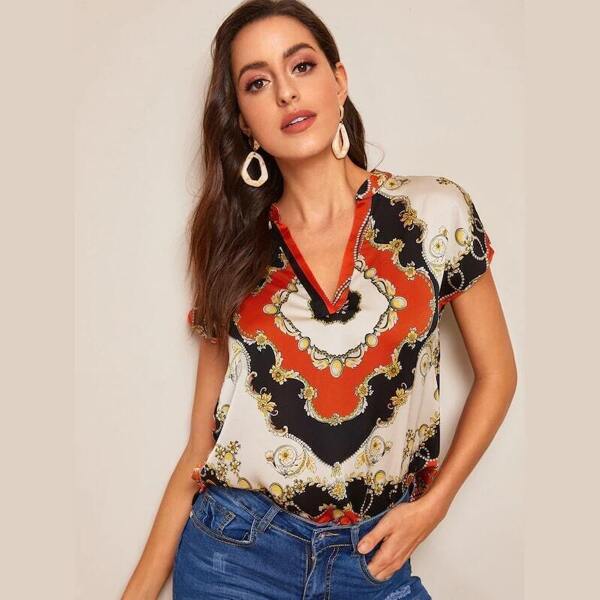 

V-placket Scarf Print Top, Multicolor
