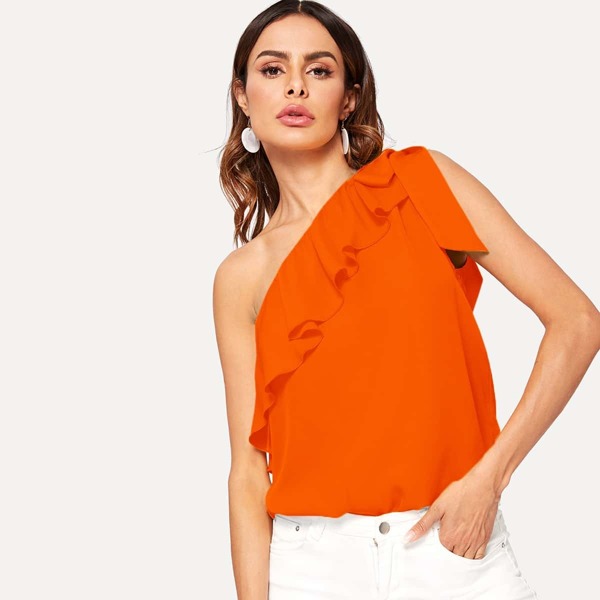 

Neon Orange Tie Shoulder Foldover Front Top