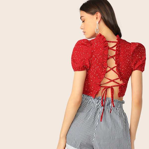 

Frill Neck Lace Up Back Dot Blouse