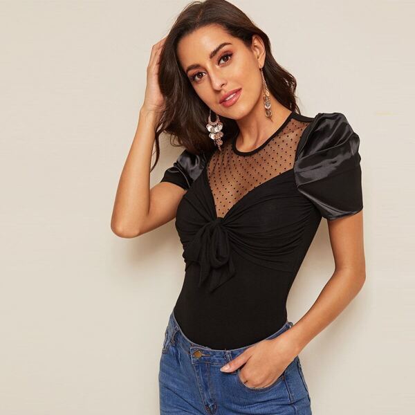 

Puff Sleeve Tie Front Mesh Insert Blouse