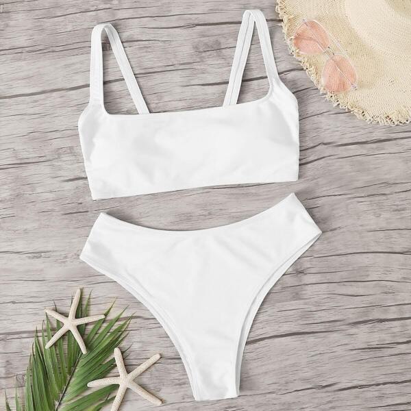 

Square Neck Top With High Cut Bikini Set