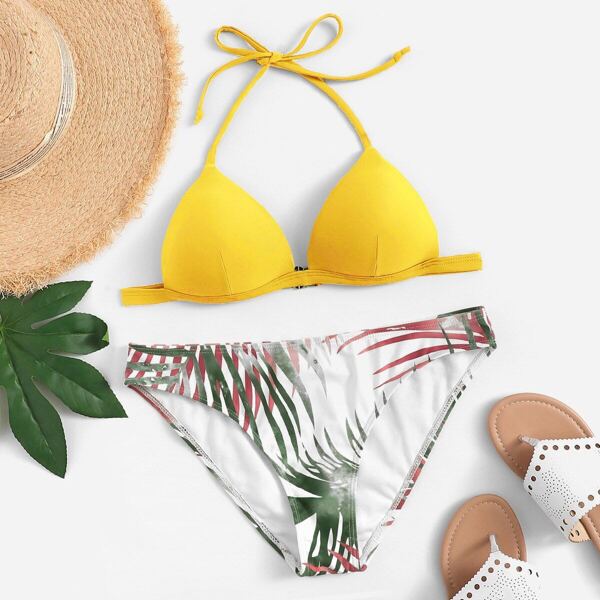 

Halter Triangle Top With Random Tropical Bikini Set