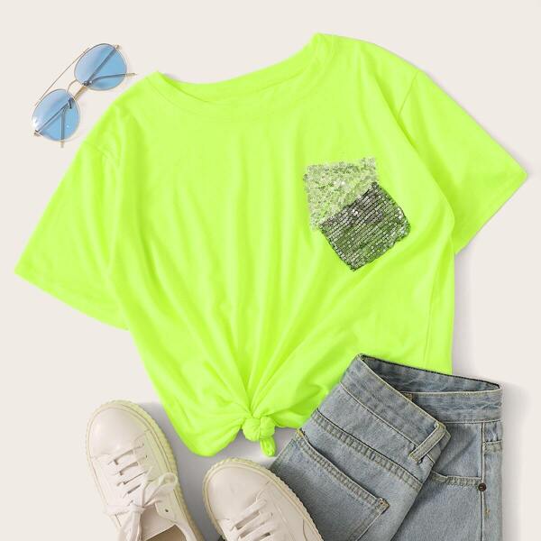 

Neon Lime Sequin Patched Tee, Green bright