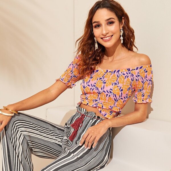 

Off Shoulder Frill Trim Shirred Cross Wrap Blouse, Multicolor