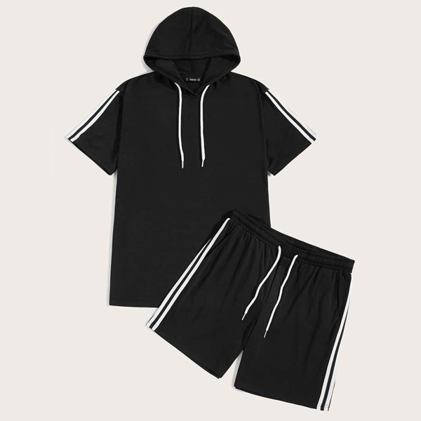 

Men Striped Tape Side Hooded Top and Shorts Set