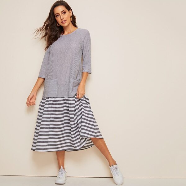 

Pocket Front Ruffle Hem Striped Hijab Dress, Black and white