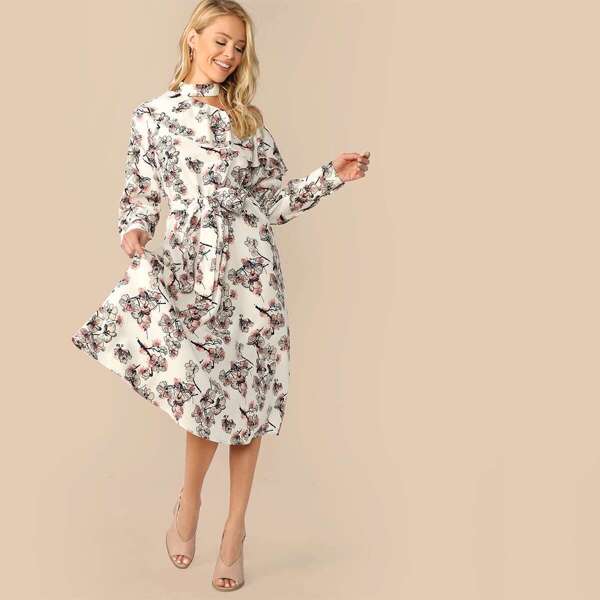 

Asymmetrical Cutout Shoulder Belted Floral Dress, White