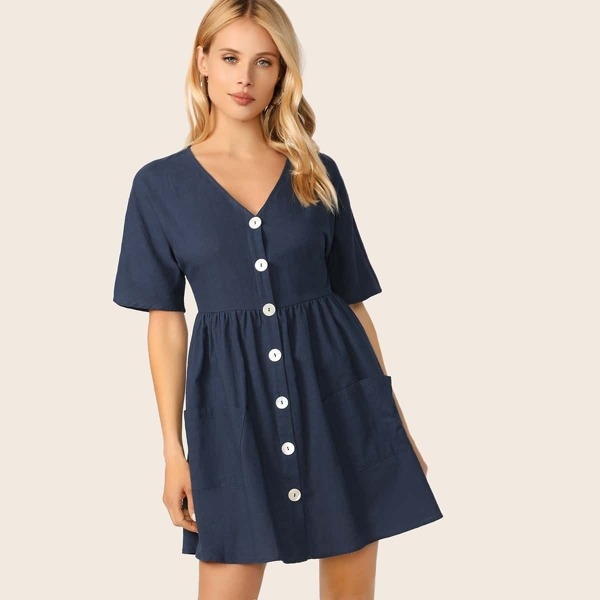 

Pocket Front Button Up Tea Dress, Navy