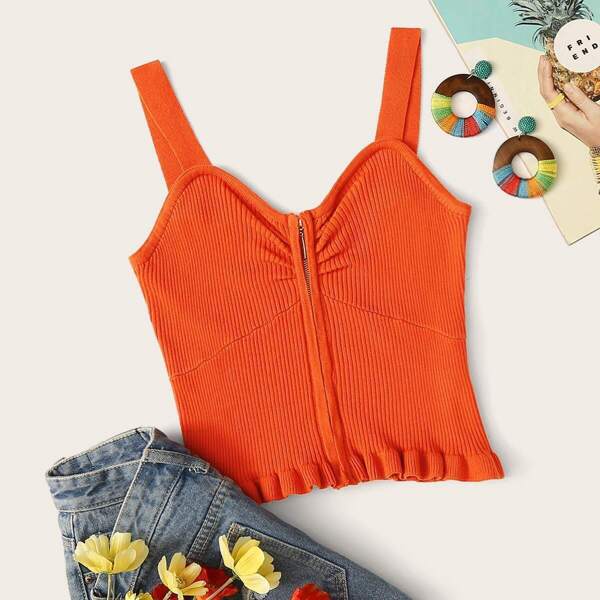 

Neon Orange Zip Front Ruffle Hem Top