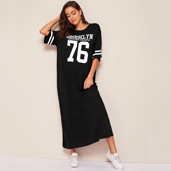 

Letter & Number Print Maxi Tunic Dress, Black
