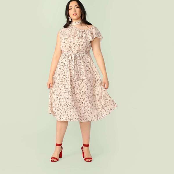

Plus Choker Neck Flounce Foldover Self Belted Dress, Multicolor