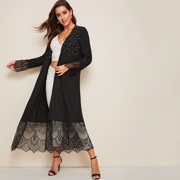 

Pearl Beaded Eyelash Lace Trim Longline Kimono