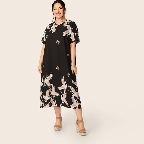 Plus V-neck Red-crowned Crane Tunic Dress