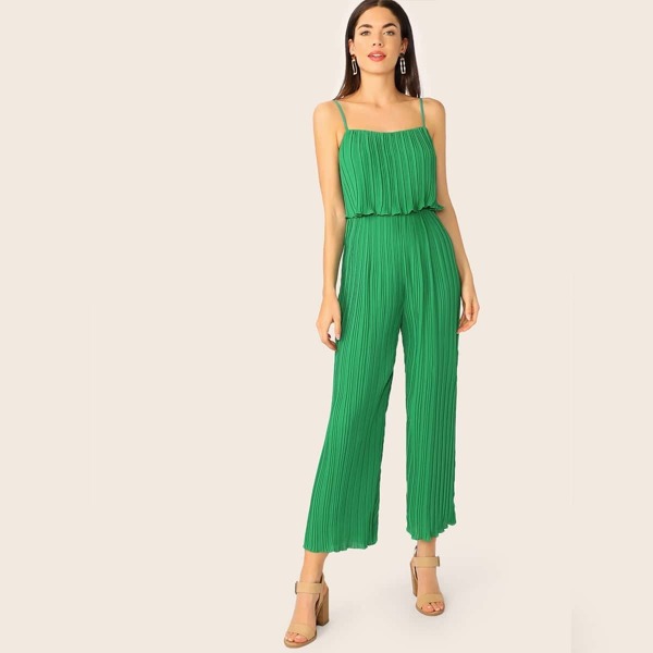 

Solid Foldover Bodice Pleated Cami Jumpsuit, Green