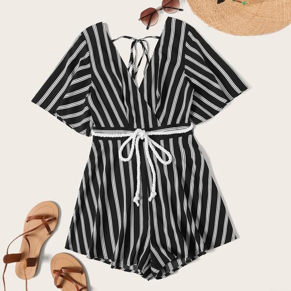 

Cutout Tie Back Wrap Romper With Rope, Black and white