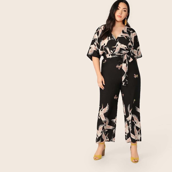 

Plus Red-crowned Crane Print Wrap Belted Jumpsuit, Multicolor