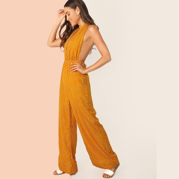 

Plunging Neck Tie Backless Palazzo Halter Jumpsuit