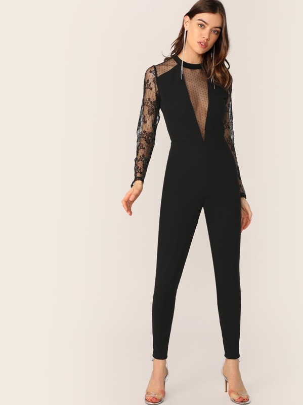 

Swiss Dot Mesh Insert Embroidery Sleeve Jumpsuit