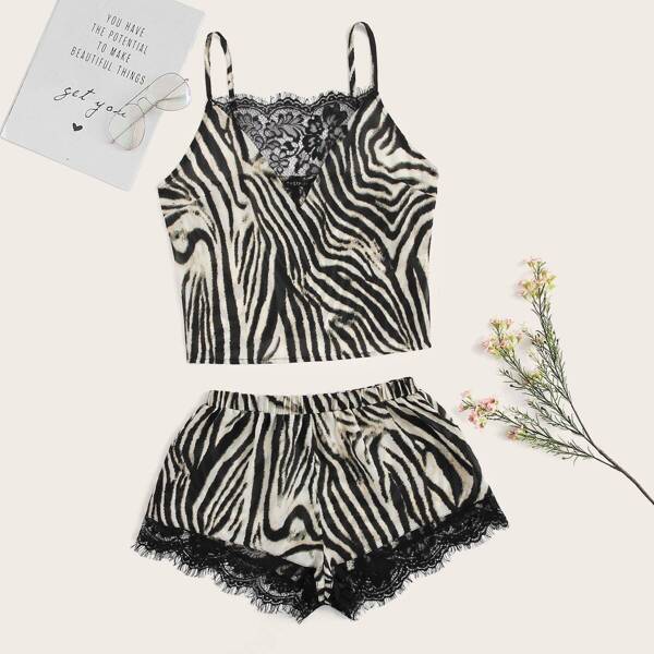 

Eyelash Lace Insert Zebra Cami Top and Shorts PJ Set