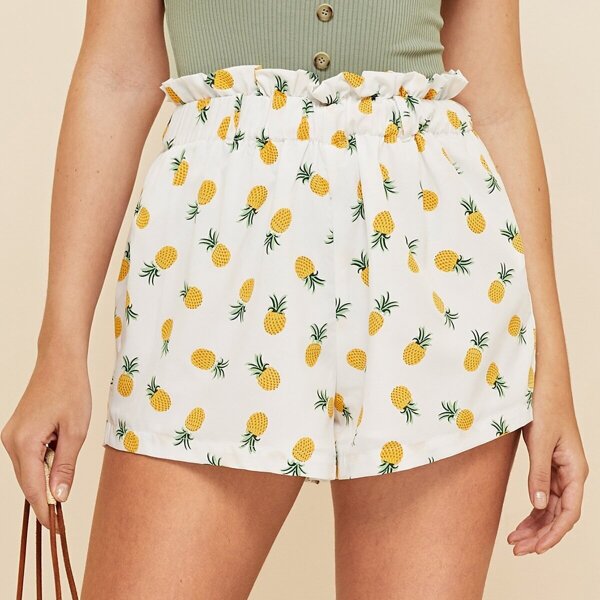

Ruffle Waist Pineapple Print Shorts, White