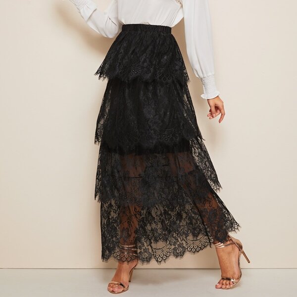 

Layered Eyelet Lace Overlay Maxi Skirt, Black