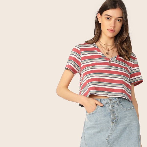 

Striped V Neck Crop Tee, Multicolor