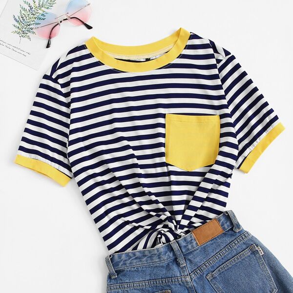 

Plus Contrast Binding Patch Pocket Striped Top, Multicolor