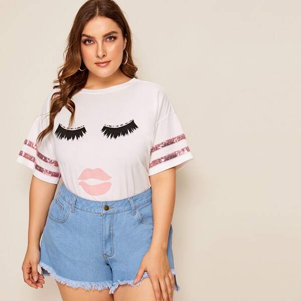 

Plus Sequin Striped Cuff Figure Graphic Tee, White