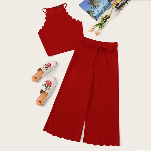 

Scalloped Trim Crop Halter Top & Knot Front Culotte Pants Set