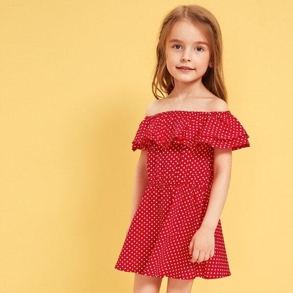 

Toddler Girls Polka-dot Ruffle Trim Dress, Red