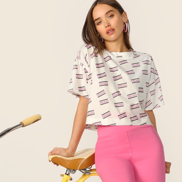 

Drop Shoulder Letter Print Boxy Tee, White