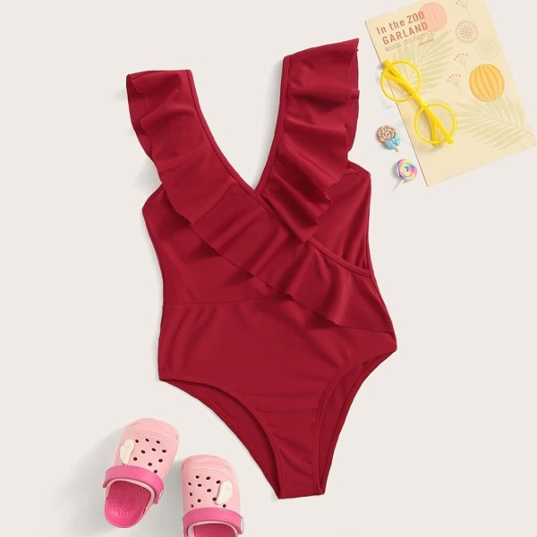

Girls Ruffle Trim Surplice One Piece Swim