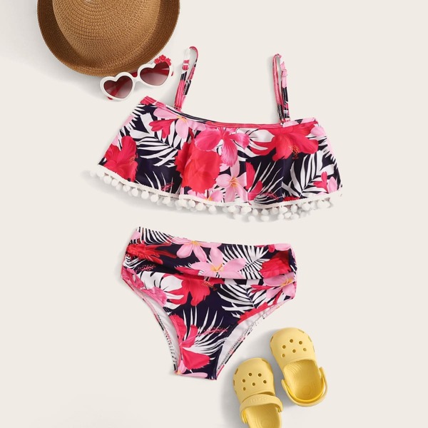 

Girls Random Floral Flounce Top With Ruched Bikini