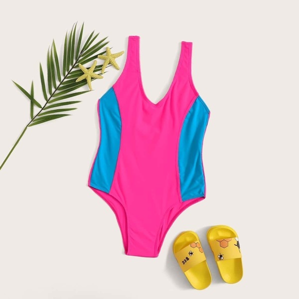 

Girls Neon Hot Pink Two Tone One Piece Swim, Pink bright