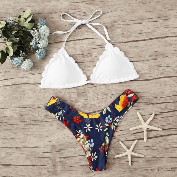 

Scalloped Trim Top With Random Floral High Cut Bikini, Multicolor