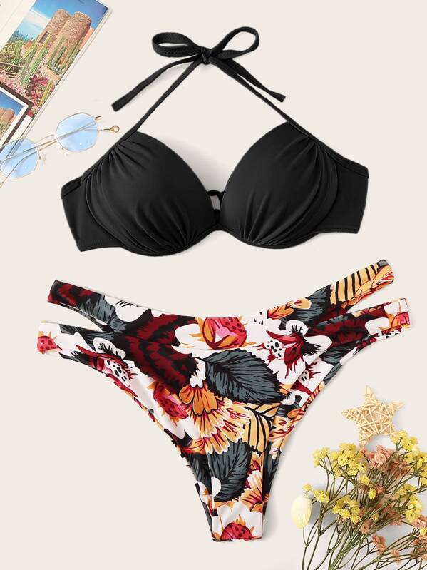 

Ruched Underwire Top With Random Floral Bikini, Multicolor