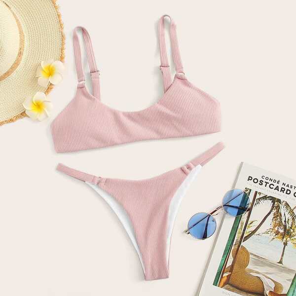 

Scoop Neck Top With String Textured Bikini Set