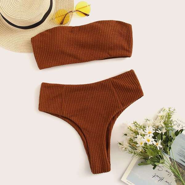 

Rib-knit Bandeau With High Waist Bikini Set, Brown