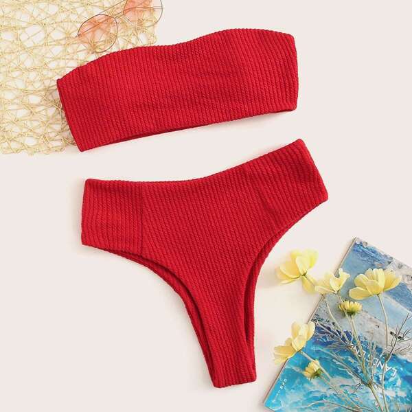 

Rib-knit Bandeau With High Waist Bikini Set