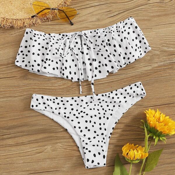 

Dot Print Flounce Bardot Bikini Set